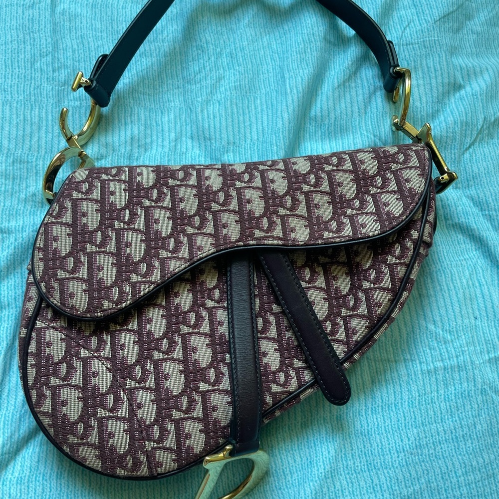 Dior Burgundy Jacquard Saddle Shoulder Bag with Gold Hardware